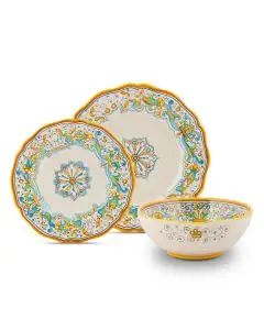 Handmade Italian 3-piece place setting Ricco Deruta Allegro: dinner plate, salad & dessert plate, cereal bowl. Deruta, Italy