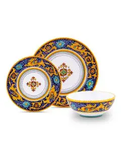 Handmade Italian 3-piece place setting Raffaellesco Blu: dinner plate, salad & dessert plate, cereal bowl. Deruta, Italy