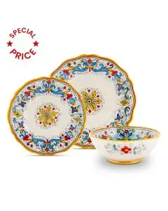 Handmade Italian 3-piece place setting Ricco Deruta Andrilia: dinner plate, salad & dessert plate, cereal bowl. Deruta, Italy