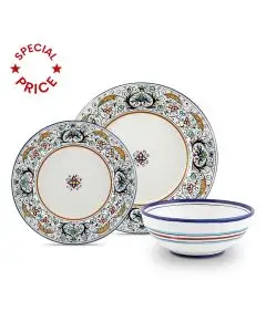 Handmade Italian 3-piece place setting Rinascimento: dinner plate, salad & dessert plate, cereal bowl. Deruta, Italy