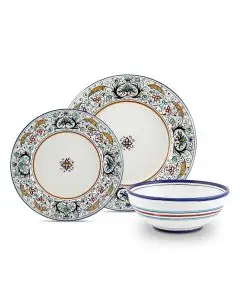 Handmade Italian 3-piece place setting Rinascimento: dinner plate, salad & dessert plate, cereal bowl. Deruta, Italy