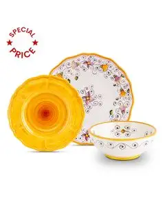 Handmade Italian 3-piece place setting Tulipano Semplice Yellow: dinner plate, salad & dessert plate, cereal bowl. Deruta, Italy