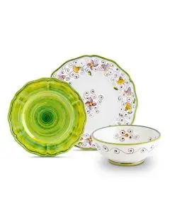 Handmade Italian 3-piece place setting Tulipano Semplice Green: dinner plate, salad & dessert plate, cereal bowl. Deruta, Italy
