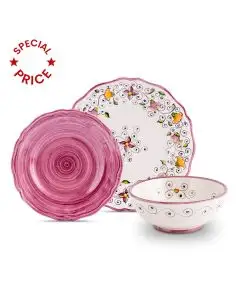Handmade Italian 3-piece place setting Tulipano Semplice Purple: dinner plate, salad & dessert plate, cereal bowl. Deruta, Italy