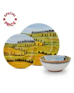Handmade Italian 3-piece place setting Umbria: dinner plate, salad & dessert plate, cereal bowl. Deruta, Italy
