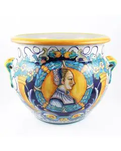 Italian planter featuring a Renaissance-style portrait of a Bella Donna handmade by Francesca Niccacci in Deruta