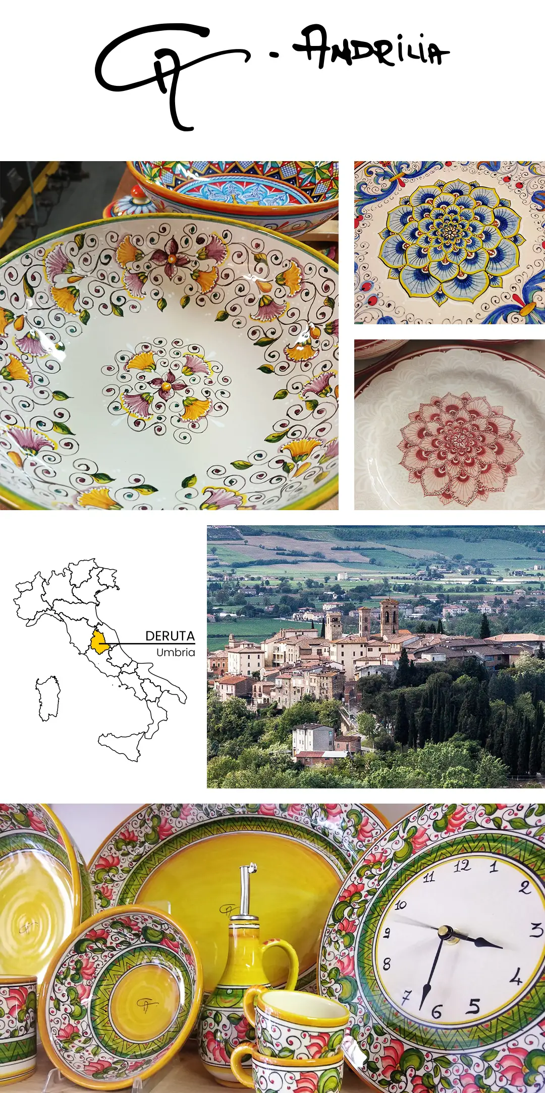 Various pictures of Andrilia's ceramics. Andrilia, aka Marianna Mercante, is an artist from Deruta, Italy