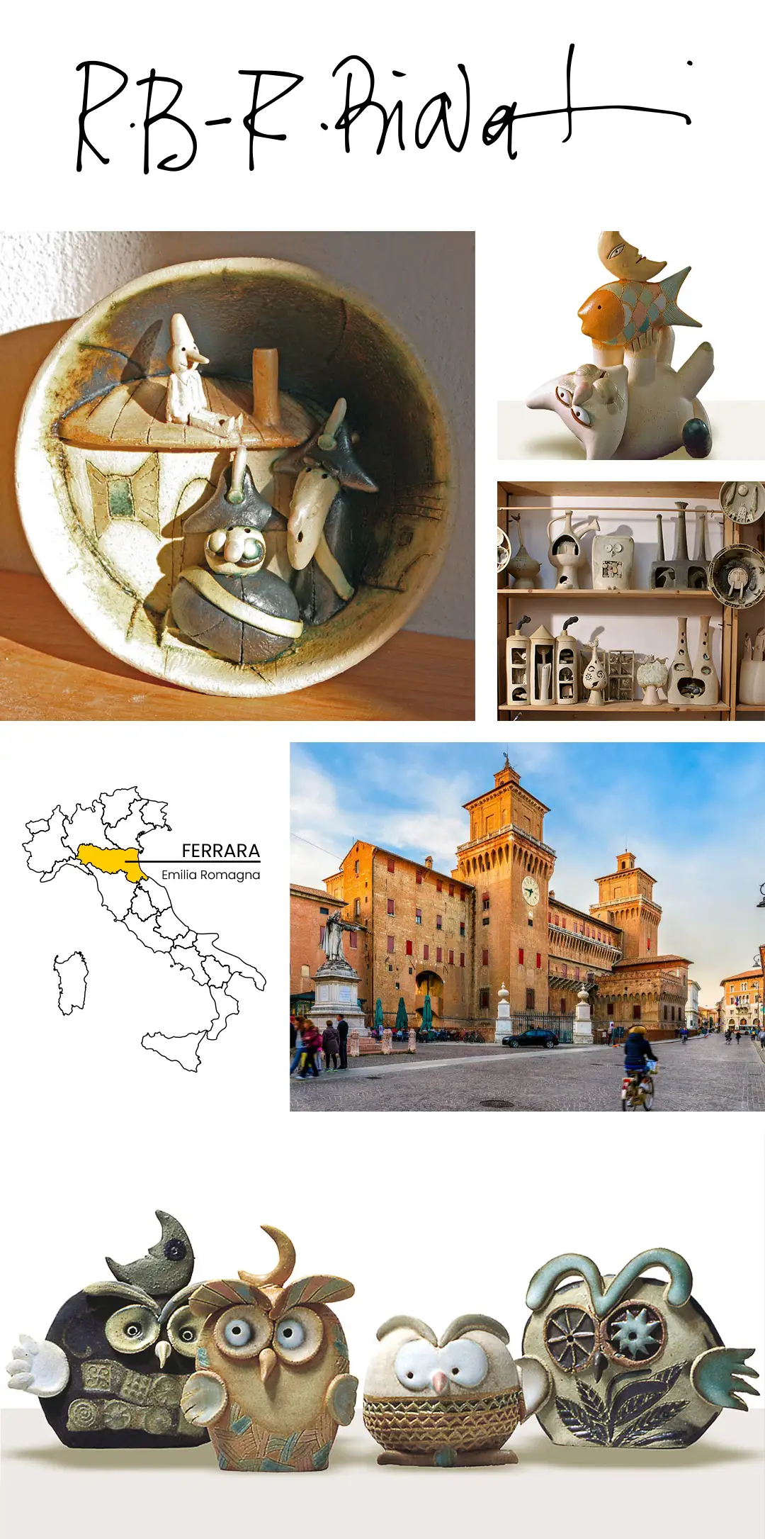 Photo collage of Riccardo Biavati ceramics. The Italian artist works and lives in Ferrara, Italy