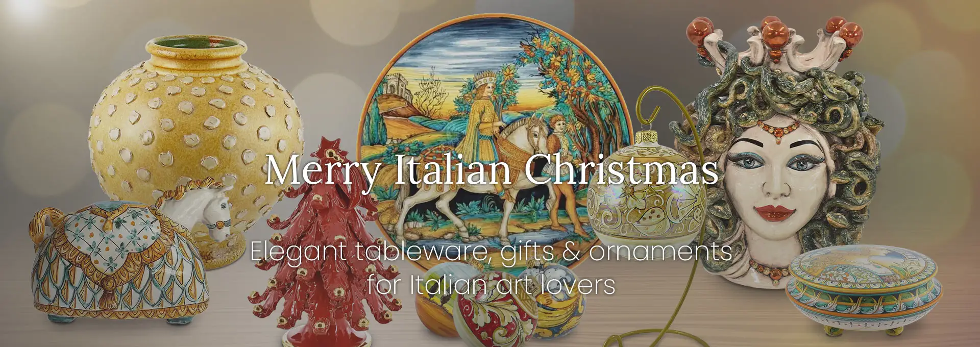 Christmas ornaments, home décor, and gifts set against a sparkling background that evokes the holiday season.