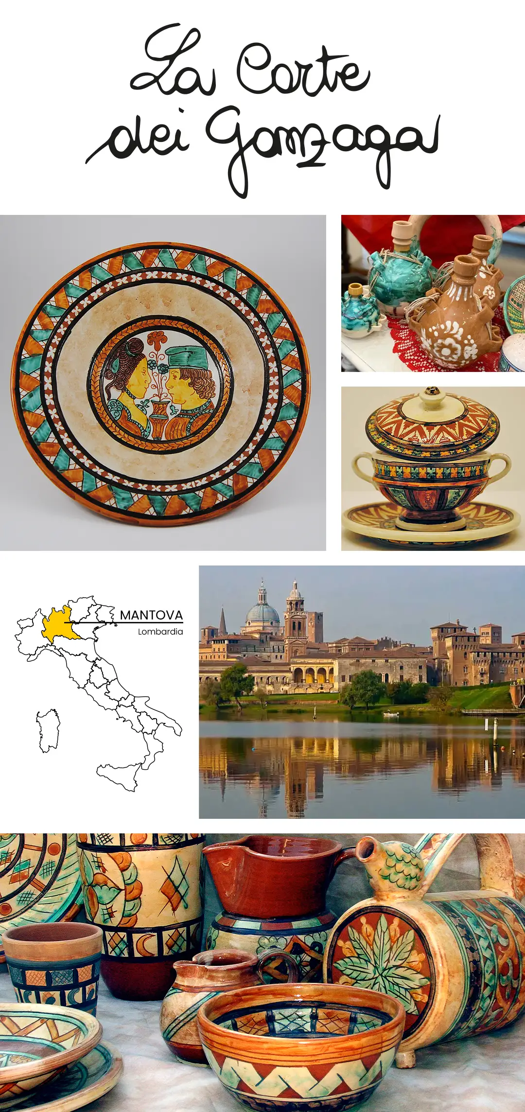 A photo collage of Corte dei Gonzaga's ceramics handmade in Mantova, Italy