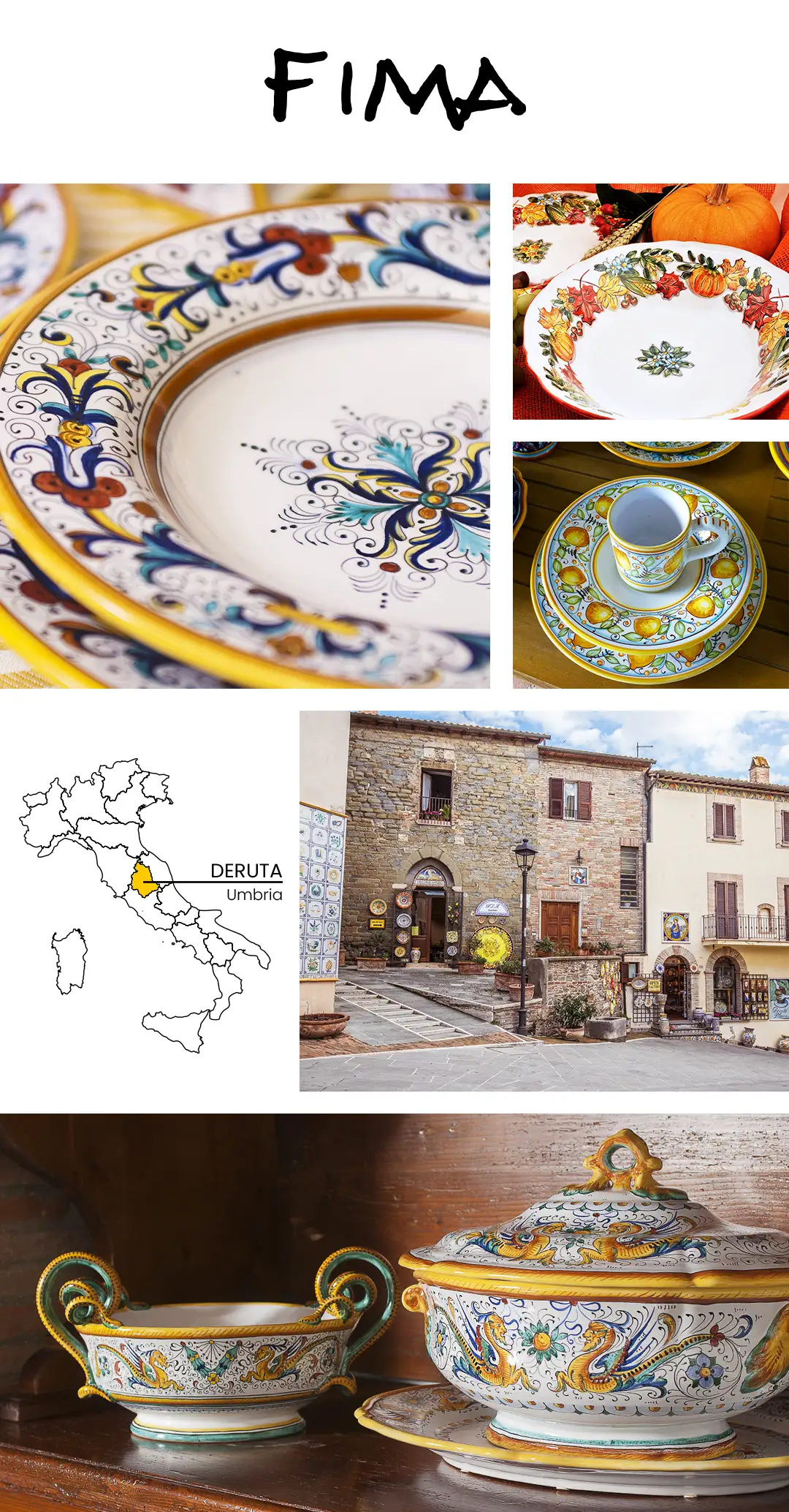 A photo collage presenting Fima, a ceramic artist studio in Deruta, Italy