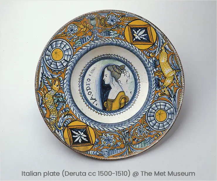 Italian plate from Deruta (cc 1500-1510) on display in the MET Museum in New York