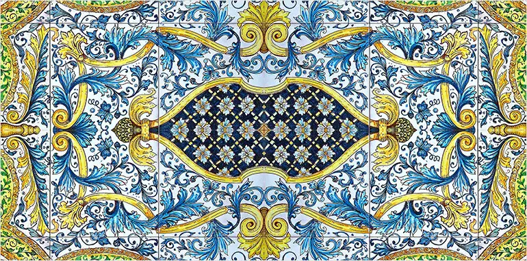 Detail of the hand-painted Italian floor panel Flower, handmade in Sicily by Ghenos, to be used as a backsplash, inset rug, or tabletop.