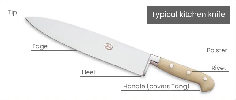 The parts of a knife: tip, edge, heel, bolster, rivet, handle