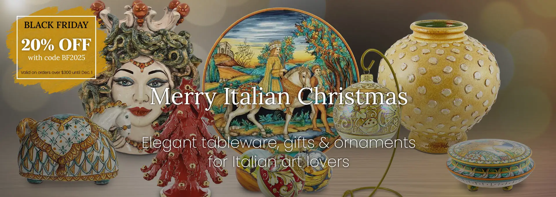 Christmas ornaments, home décor, and gifts set against a sparkling background that evokes the holiday season.