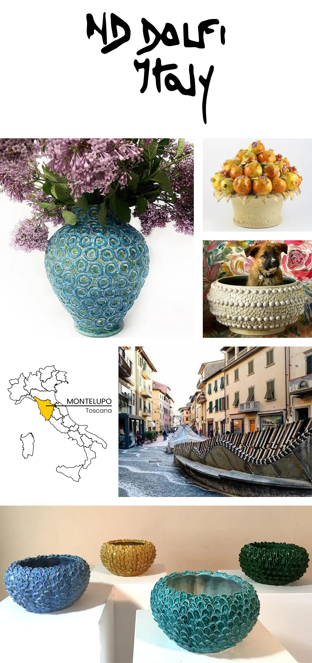 Photo collage with ND Dolfi's ceramics handmade in Montelupo, Tuscany 