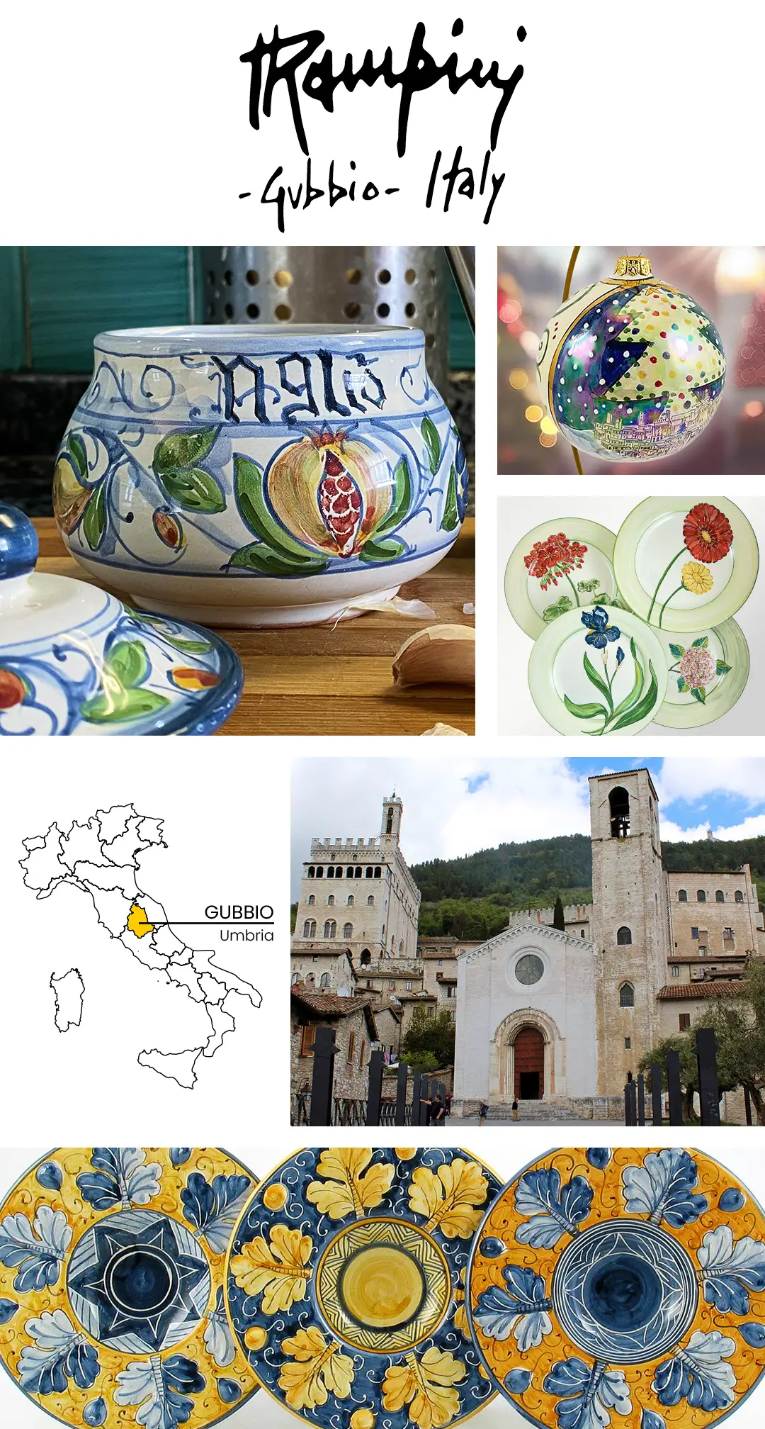 A photo collage of the work of Rampini - Italian ceramic artist from Gubbio