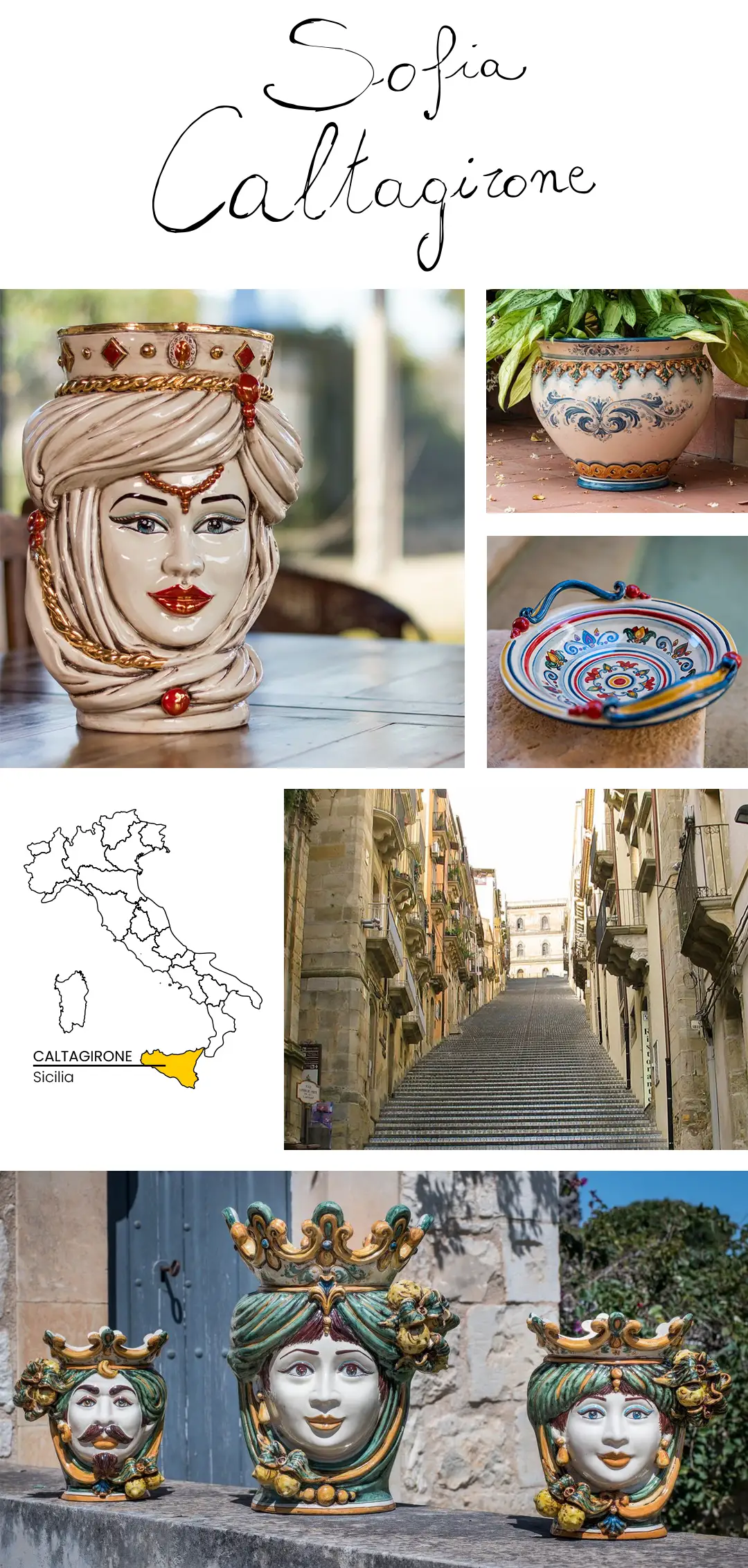 Photo collage of Sofia ceramics, handmade in Caltagirone, Sicily - Italy