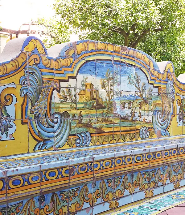 Majolica bench in the cloister of the monastery of Santa Chiara in Naples