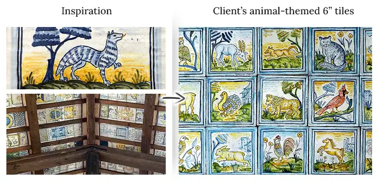 32 different animal tiles inspired by the roof tiles of from San Donato Church in Castelli (17th century)