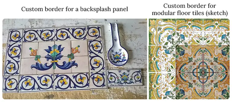 Two instances of custom made border tiles for a backsplash panel 