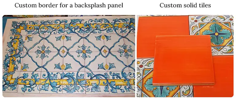 Two instances of special tiles: custom made border tiles for a backsplash panel and solid tiles to match patterned tiles